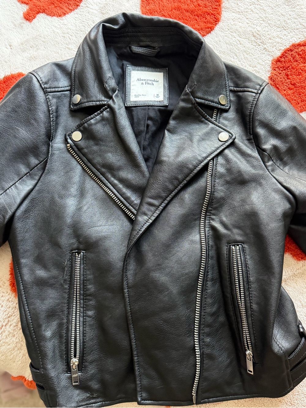 Abercrombie & Fitch Black Leather Moto Jacket with Silver Hardware
